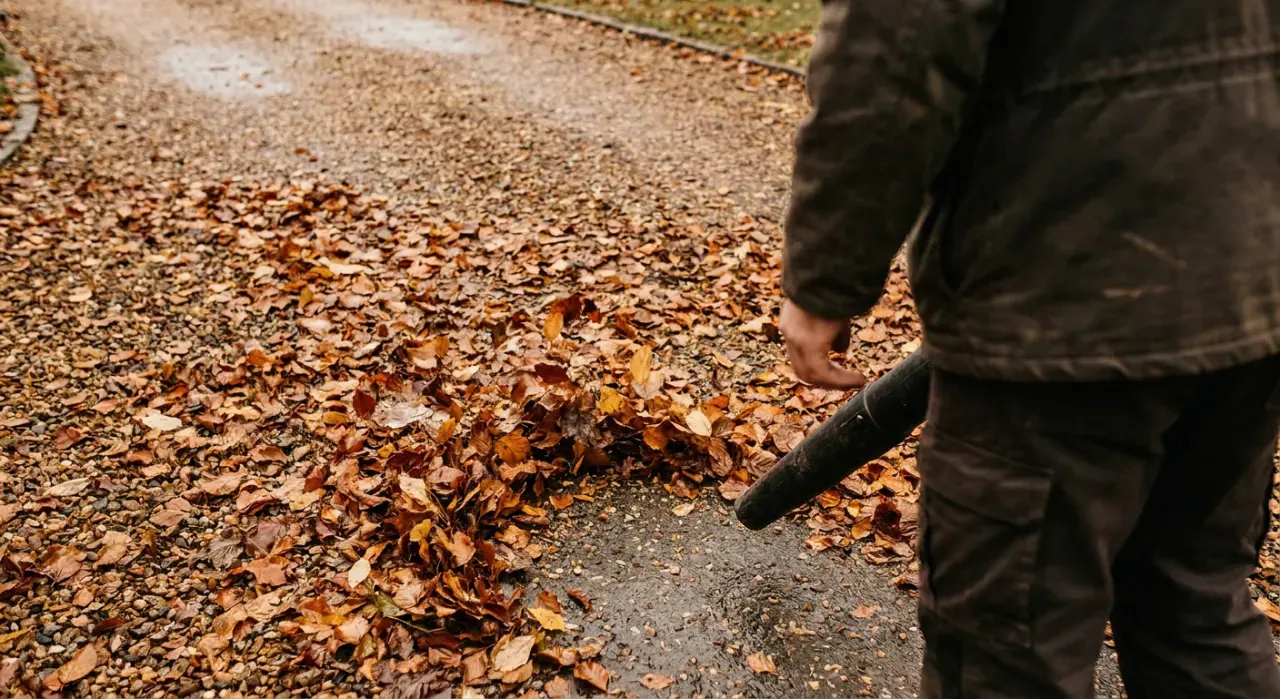 Close-up detail of the material being worked in a leaf blowers & yard cleanup project, in soft overcast light