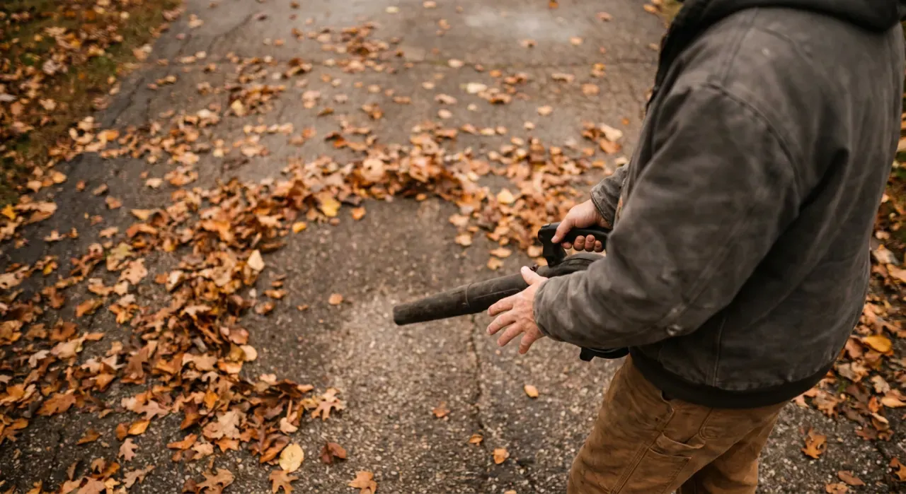 Overhead view of a person clearing autumn leaves from a driveway with a blower, in soft overcast light