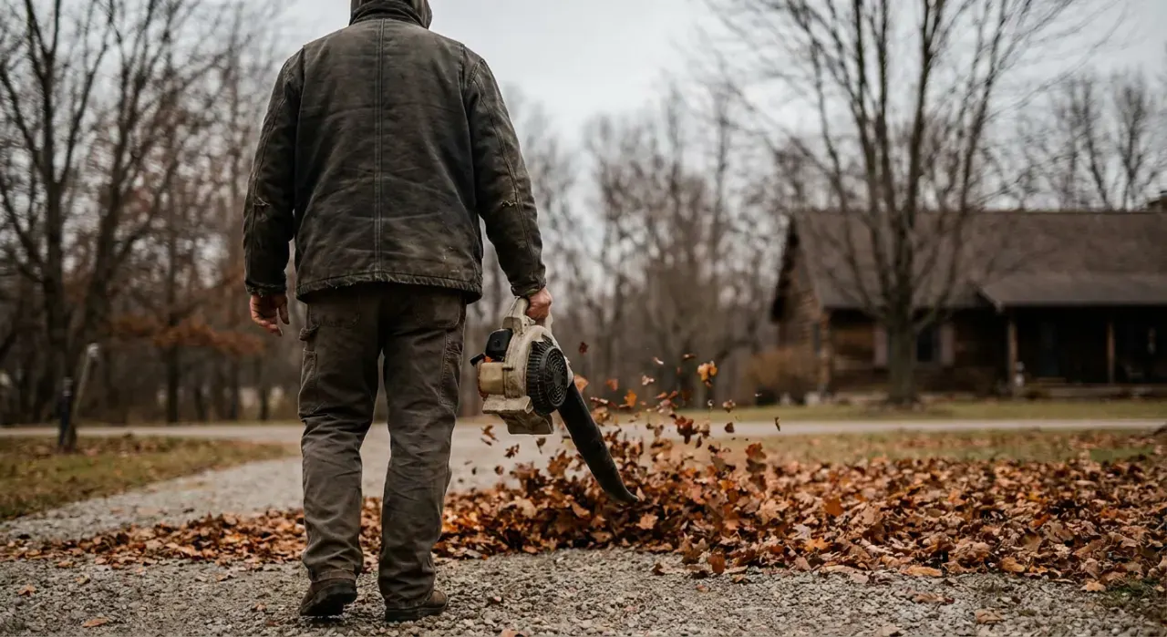 Wide environmental view of a person clearing autumn leaves from a driveway with a blower, in soft overcast light