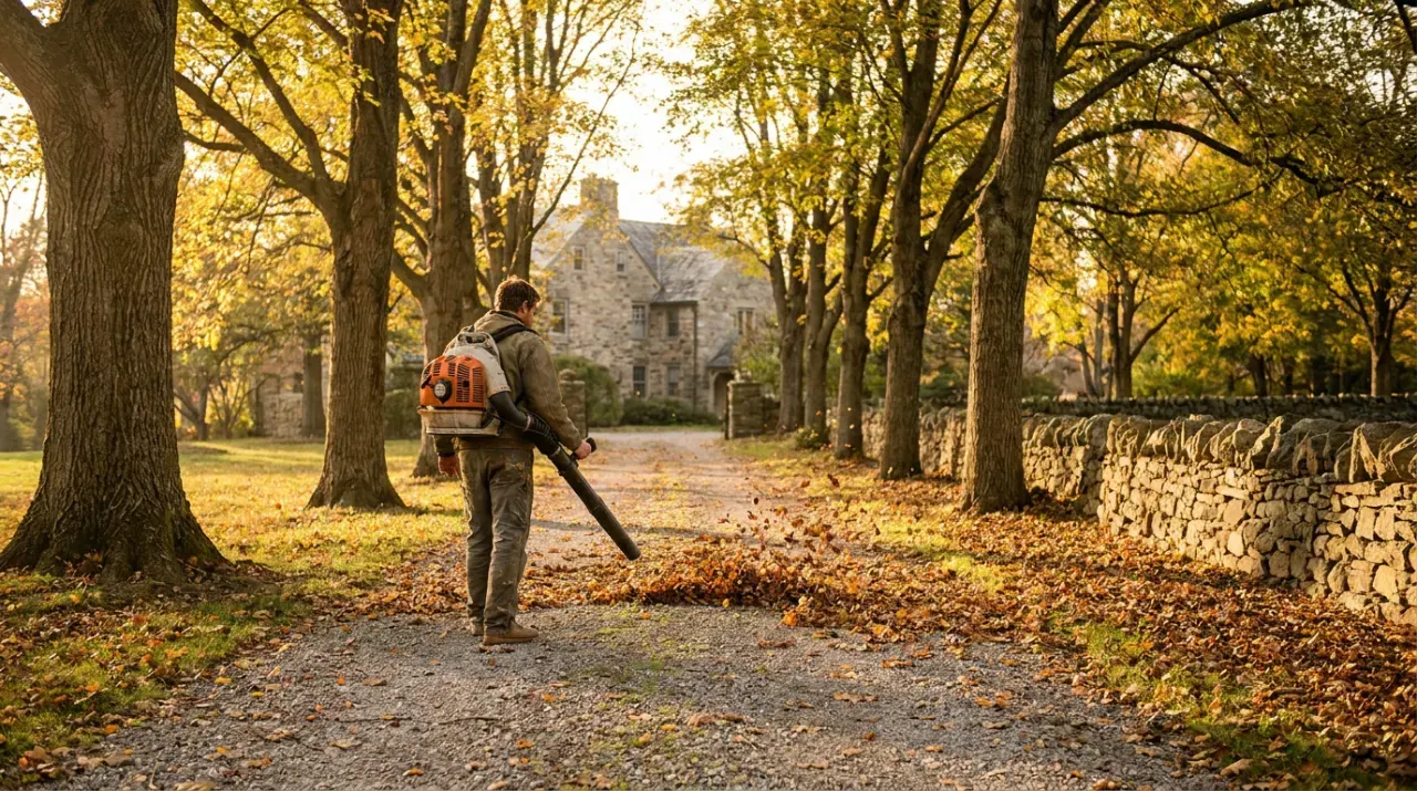Wide view of a person clearing autumn leaves from a driveway with a blower, in warm late-afternoon light