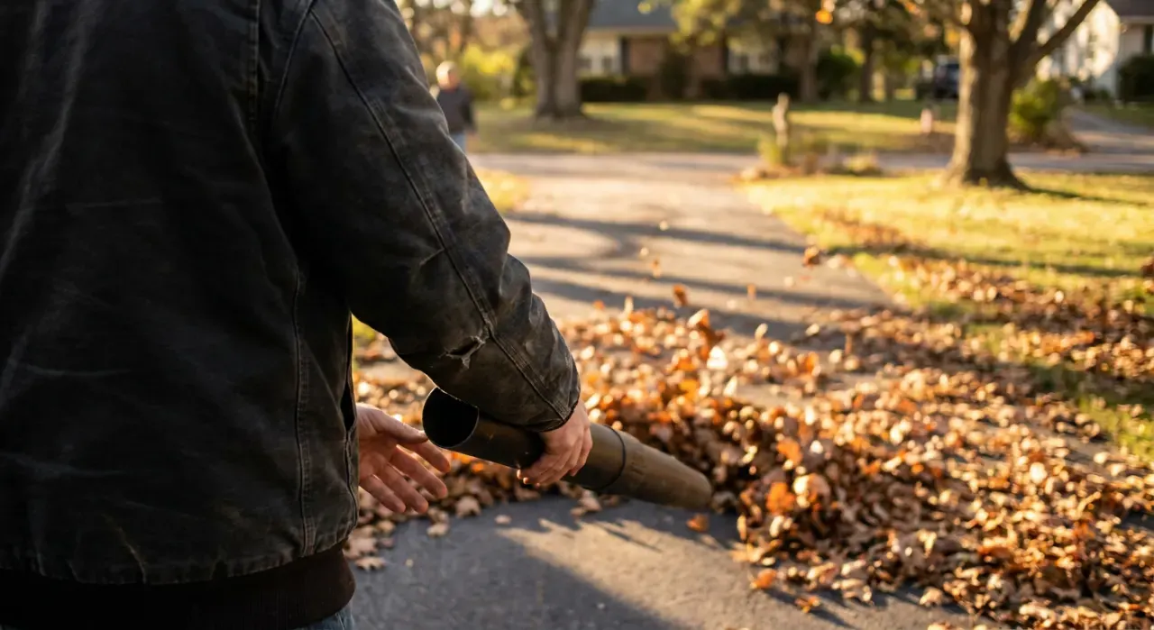 Over-the-shoulder view of a person clearing autumn leaves from a driveway with a blower, in warm late-afternoon light