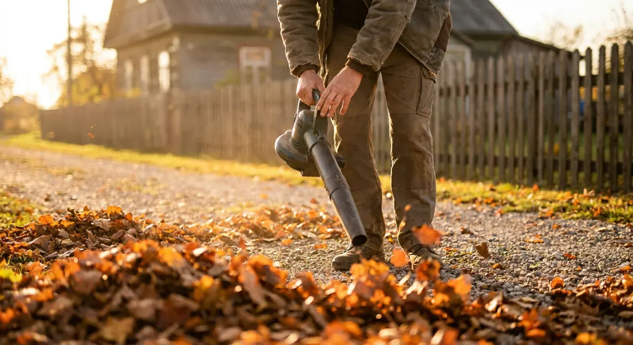 Low-angle view of a person clearing autumn leaves from a driveway with a blower, in warm late-afternoon light