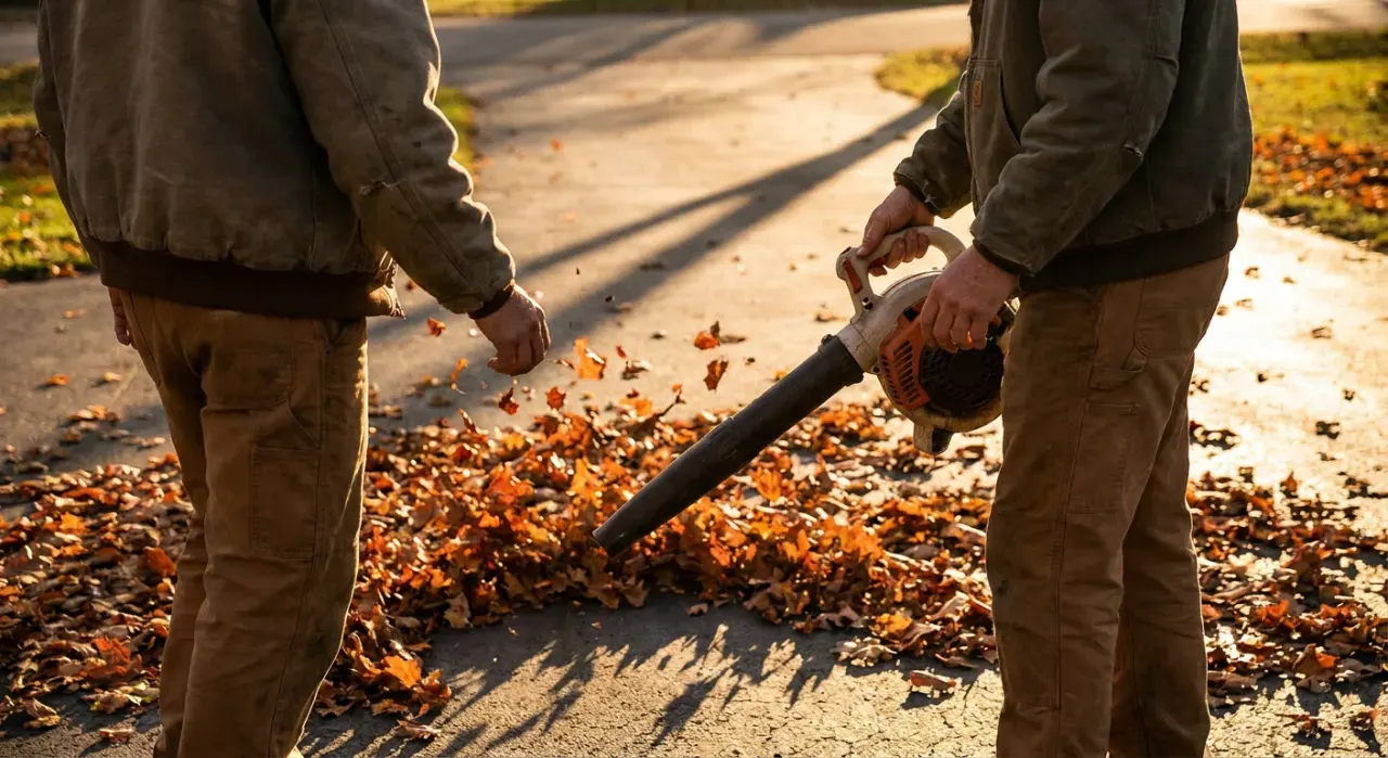 Golden-hour view of a person clearing autumn leaves from a driveway with a blower