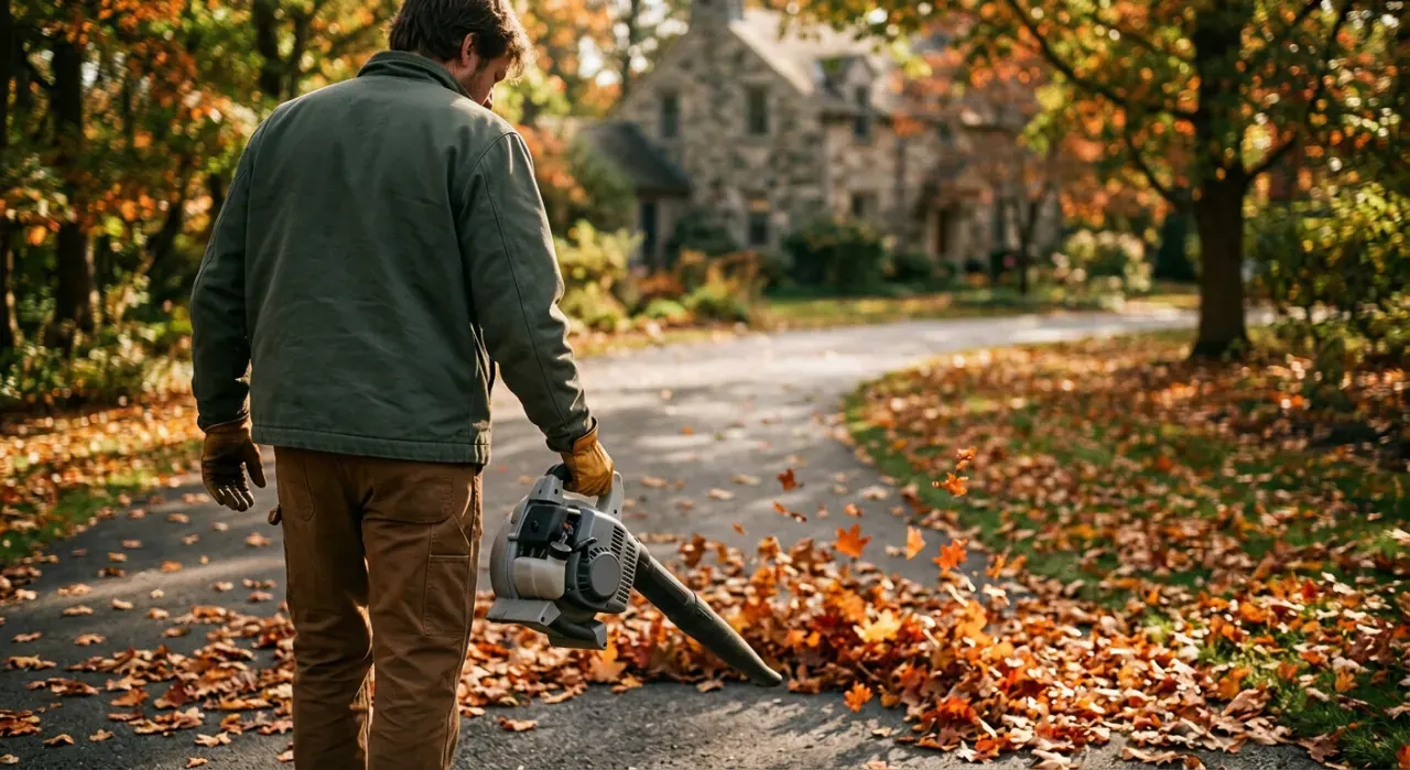Three-quarter view of a person clearing autumn leaves from a driveway with a blower, in soft early-morning light