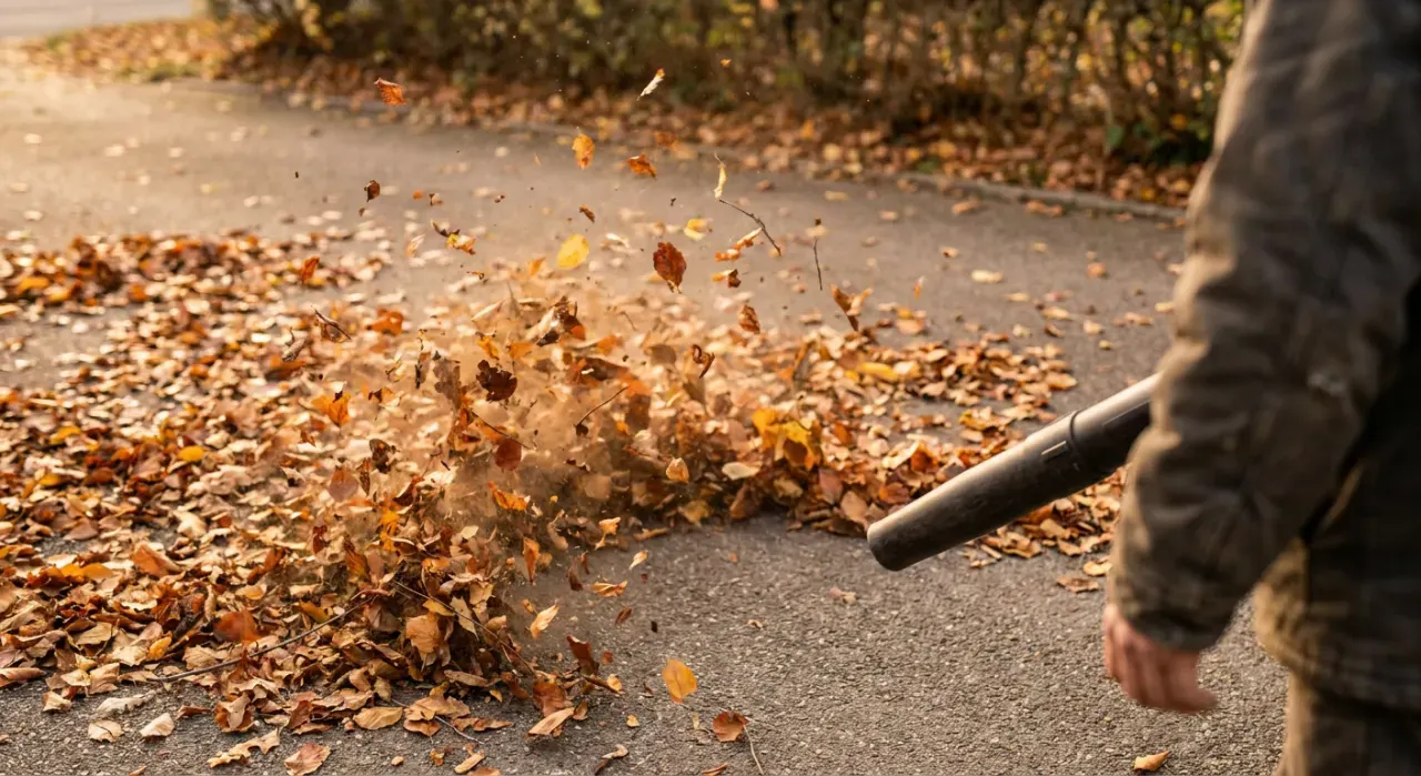 Close-up detail of the material being worked in a leaf blowers & yard cleanup project, in warm late-afternoon light