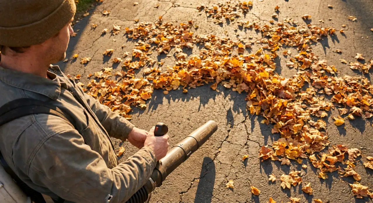 Overhead view of a person clearing autumn leaves from a driveway with a blower, in warm late-afternoon light