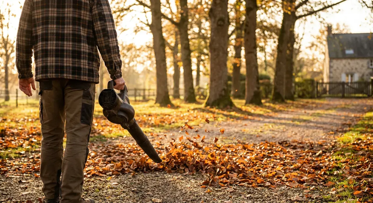 Wide environmental view of a person clearing autumn leaves from a driveway with a blower, in warm late-afternoon light