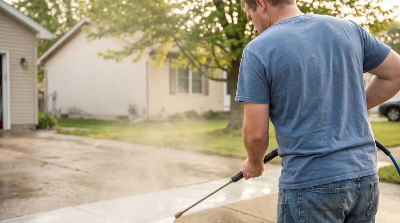 Wide view of a person clearing autumn leaves from a driveway with a blower, in warm evening lamplight
