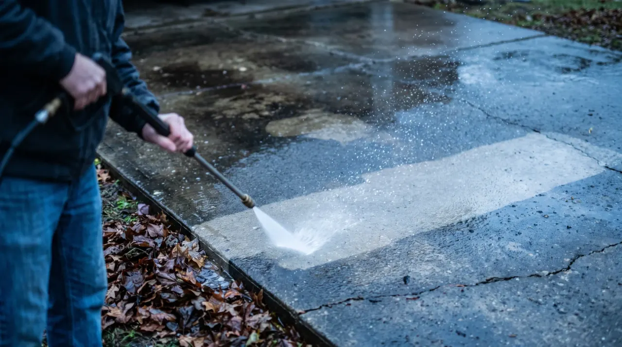 Over-the-shoulder view of a person clearing autumn leaves from a driveway with a blower, in warm evening lamplight