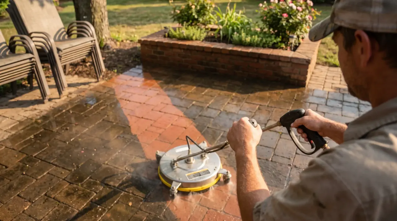 Wide view of a person clearing autumn leaves from a driveway with a blower, in soft early-morning light