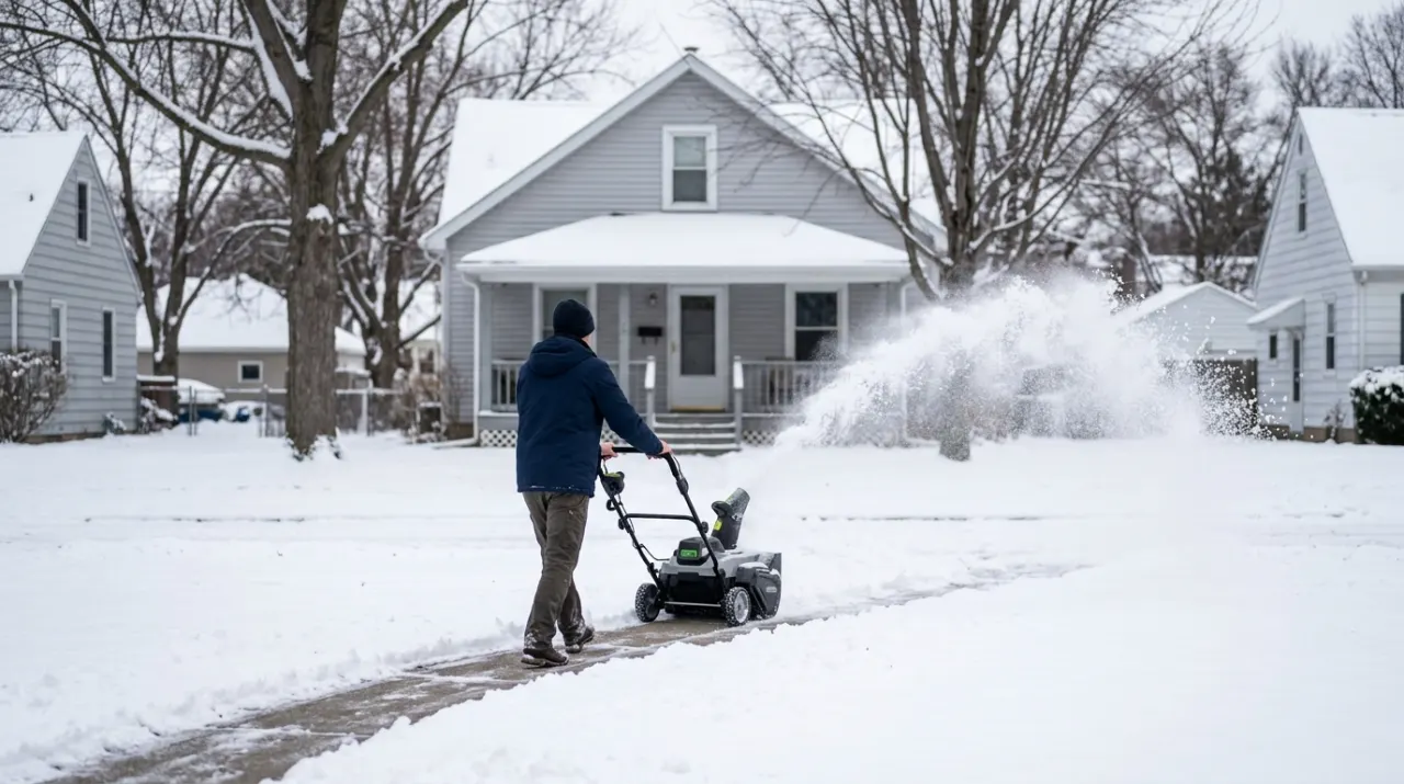 Low-angle view of a person clearing autumn leaves from a driveway with a blower, in soft early-morning light