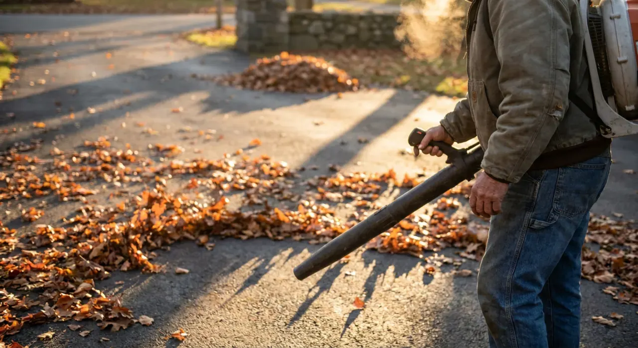 Golden-hour view of a person clearing autumn leaves from a driveway with a blower