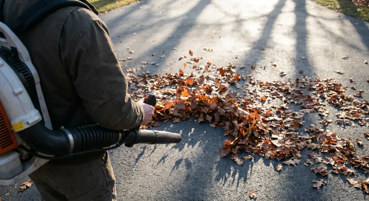 Overhead view of a person clearing autumn leaves from a driveway with a blower, in soft early-morning light