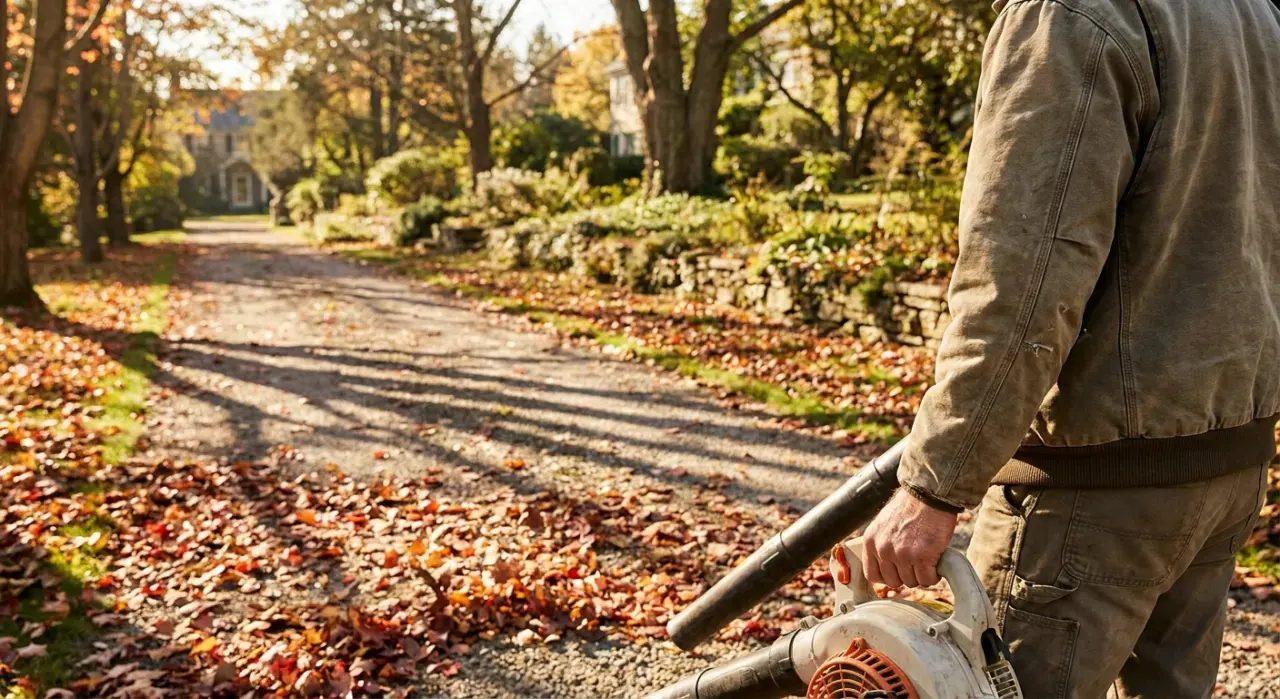Wide view of a person clearing autumn leaves from a driveway with a blower, in bright midday sun