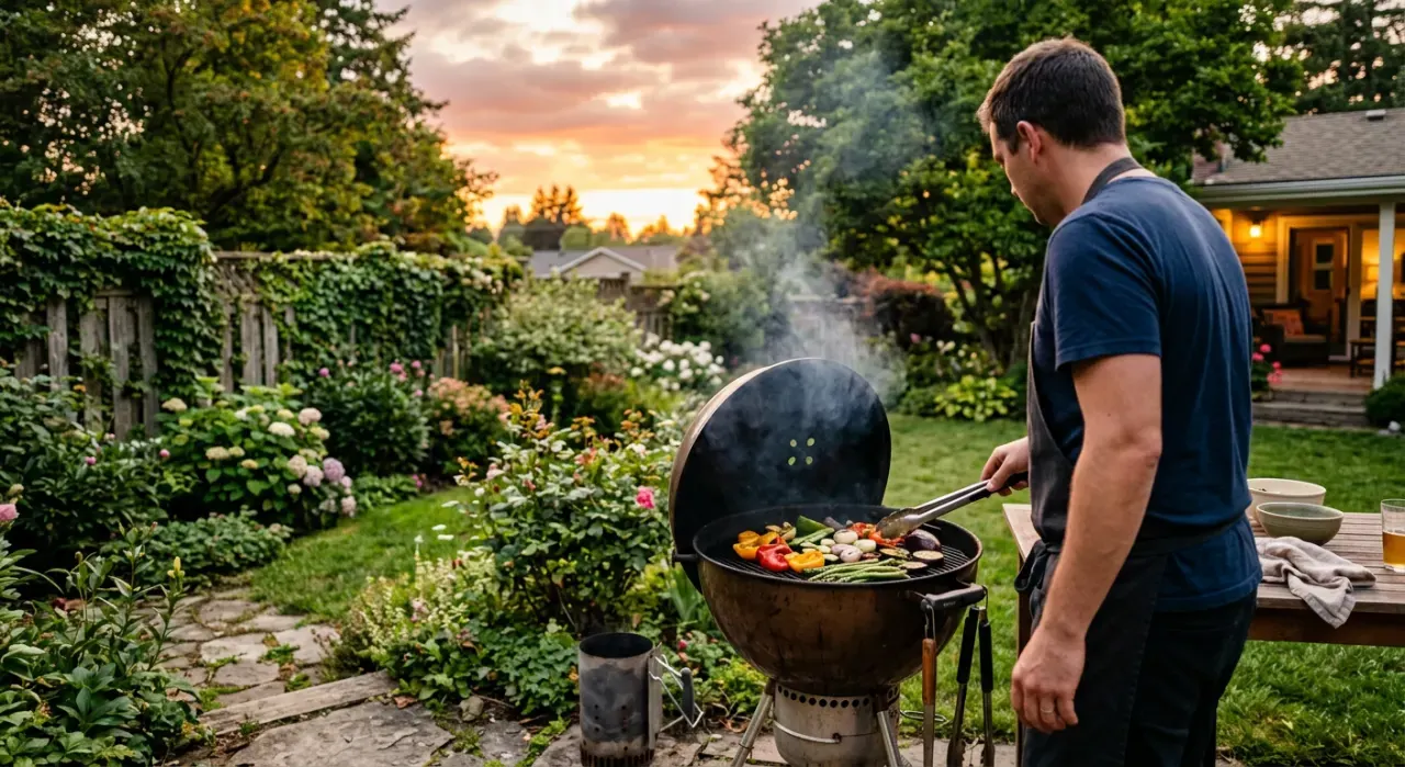 Wide view of a person grilling vegetables, in soft early-morning light