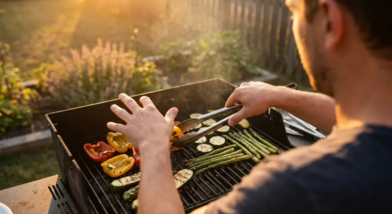 Over-the-shoulder view of a person grilling vegetables, in bright midday sun