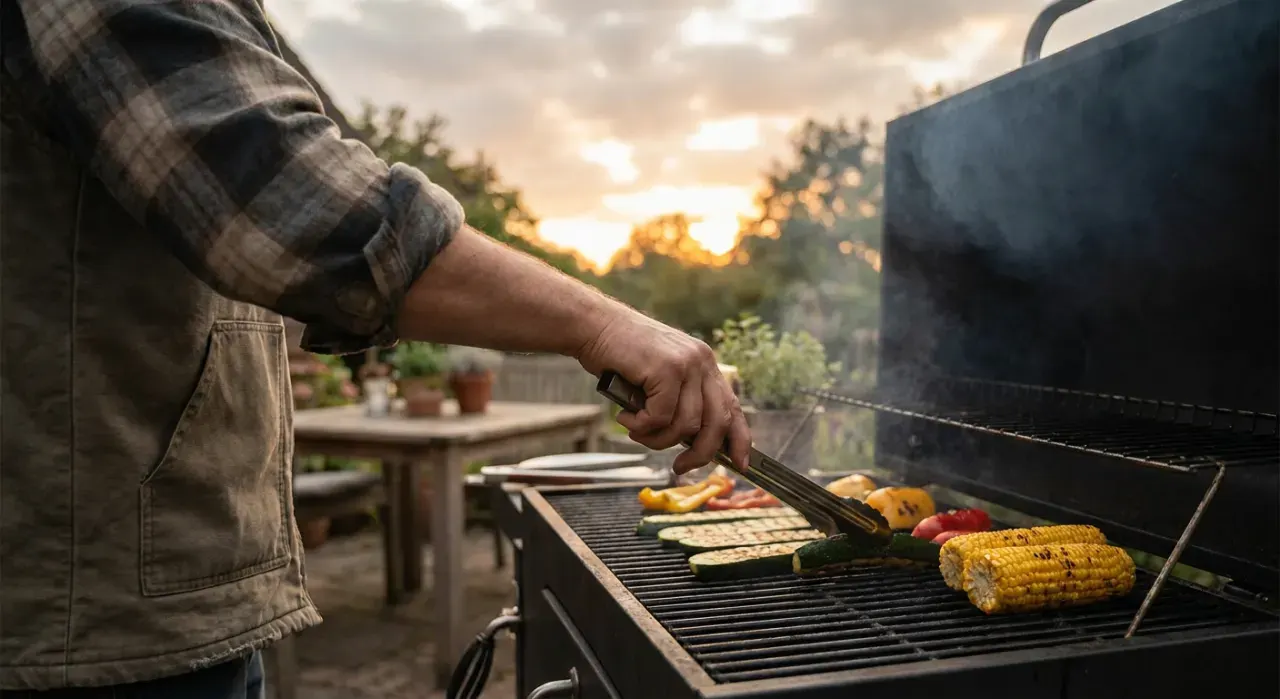 Over-the-shoulder view of a person grilling vegetables, in soft overcast light