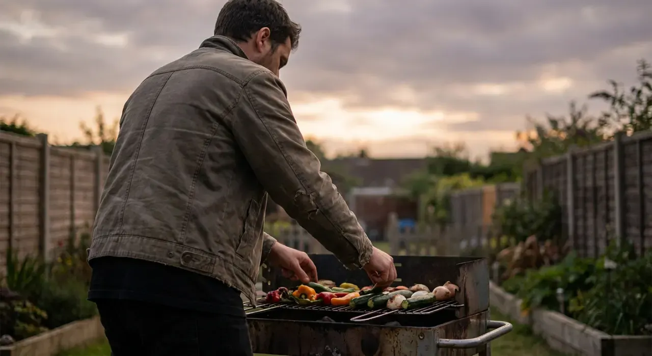 Three-quarter view of a person grilling vegetables, in soft overcast light