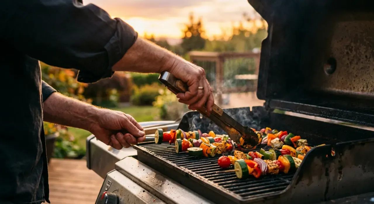 Over-the-shoulder view of a person grilling vegetables, in soft early-morning light