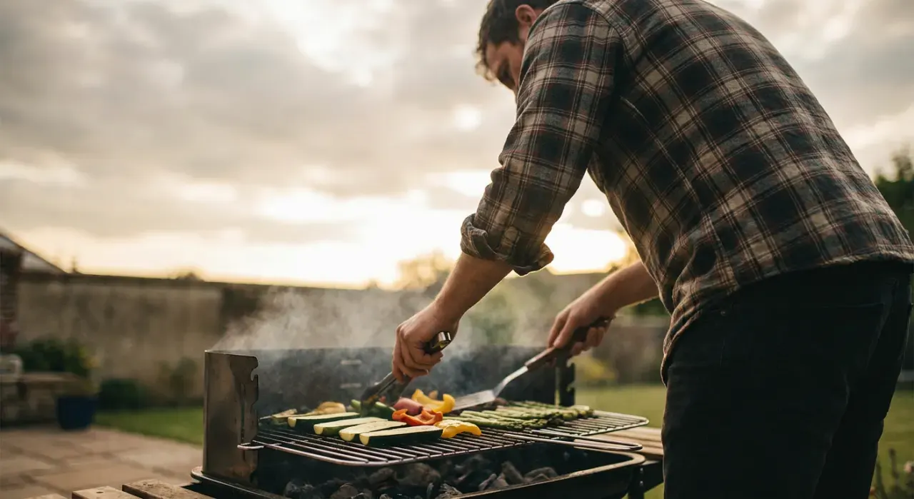Low-angle view of a person grilling vegetables, in soft overcast light