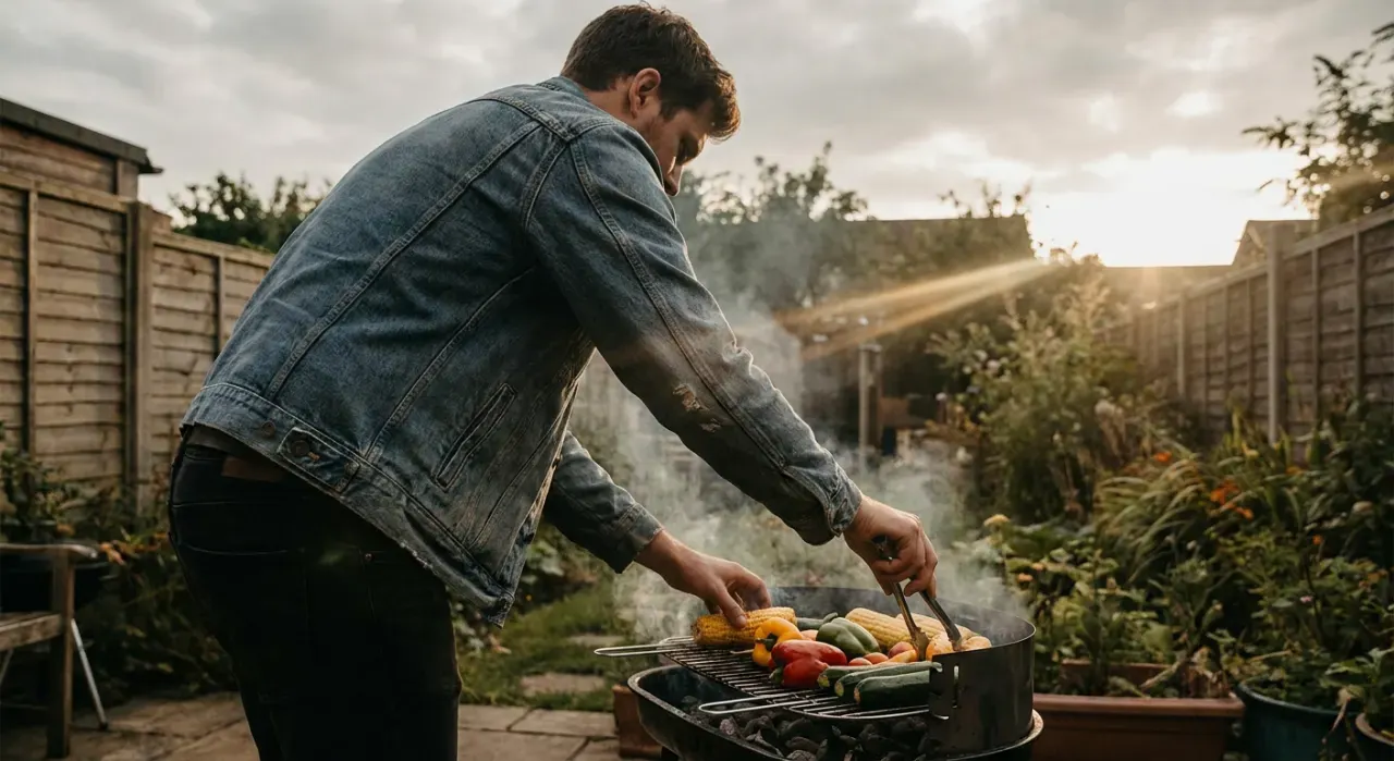 Golden-hour view of a person grilling vegetables