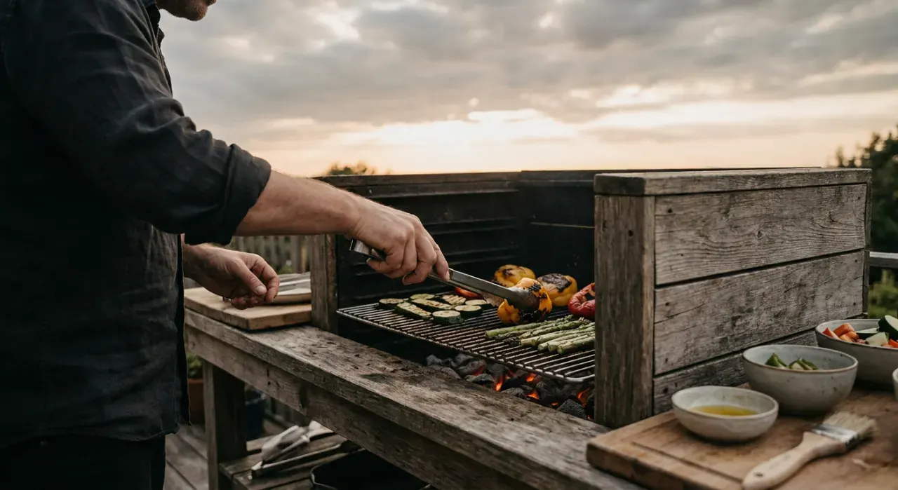 Overhead view of a person grilling vegetables, in soft overcast light