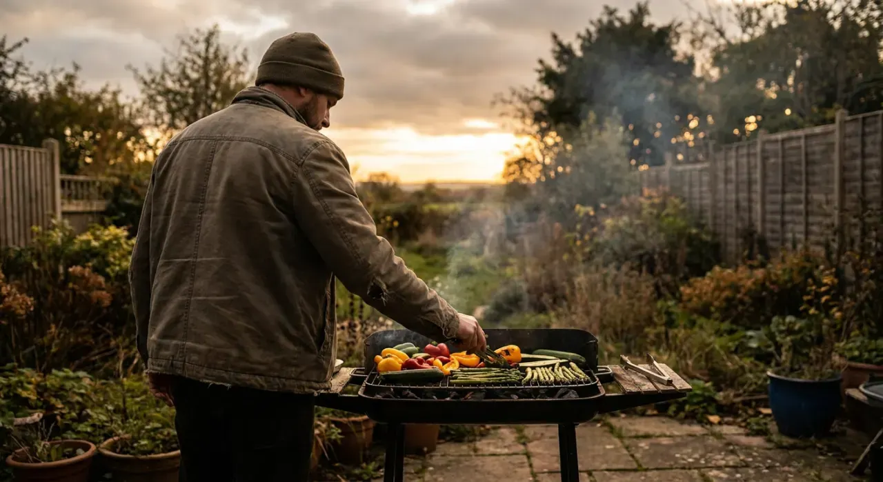 Wide environmental view of a person grilling vegetables, in soft overcast light