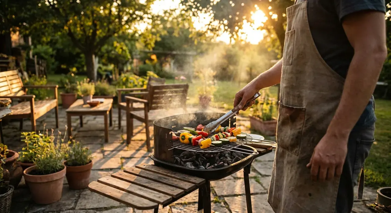 Wide view of a person grilling vegetables, in warm late-afternoon light