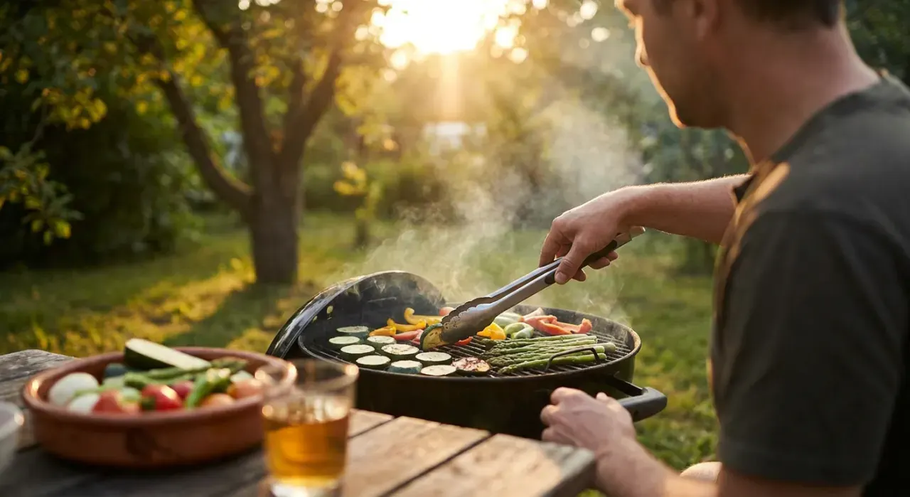 Over-the-shoulder view of a person grilling vegetables, in warm late-afternoon light