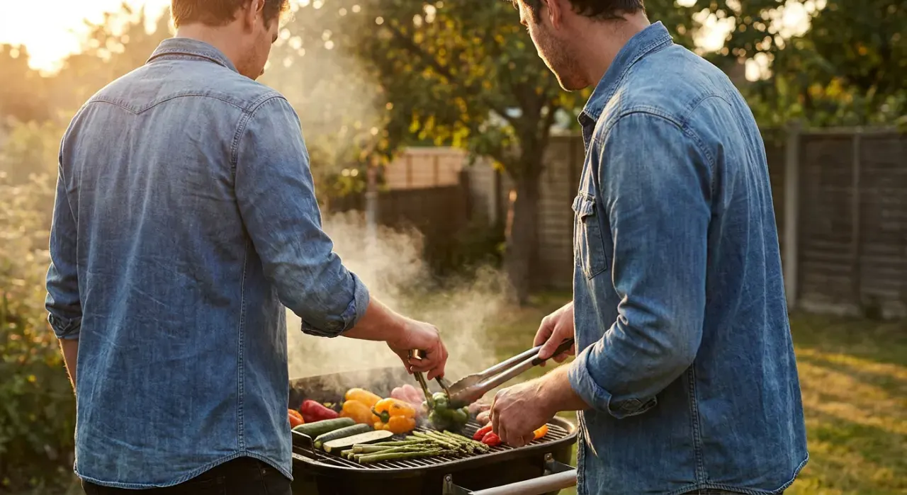 Three-quarter view of a person grilling vegetables, in warm late-afternoon light