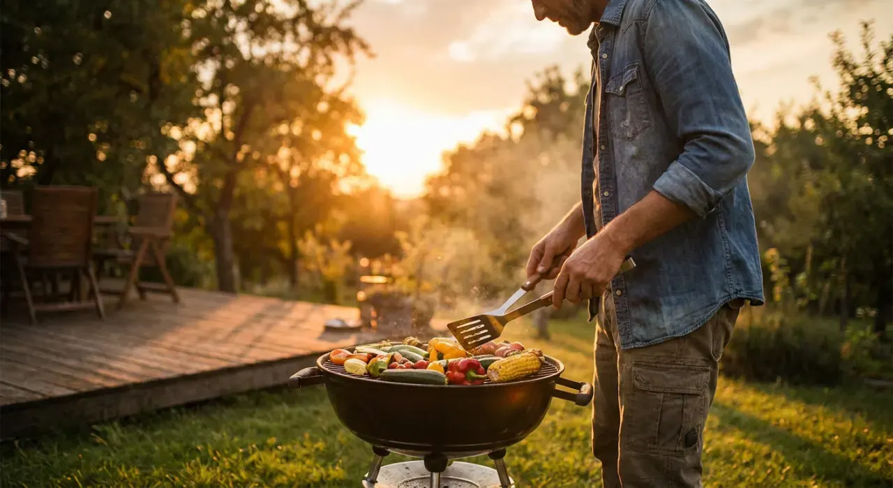 Low-angle view of a person grilling vegetables, in warm late-afternoon light