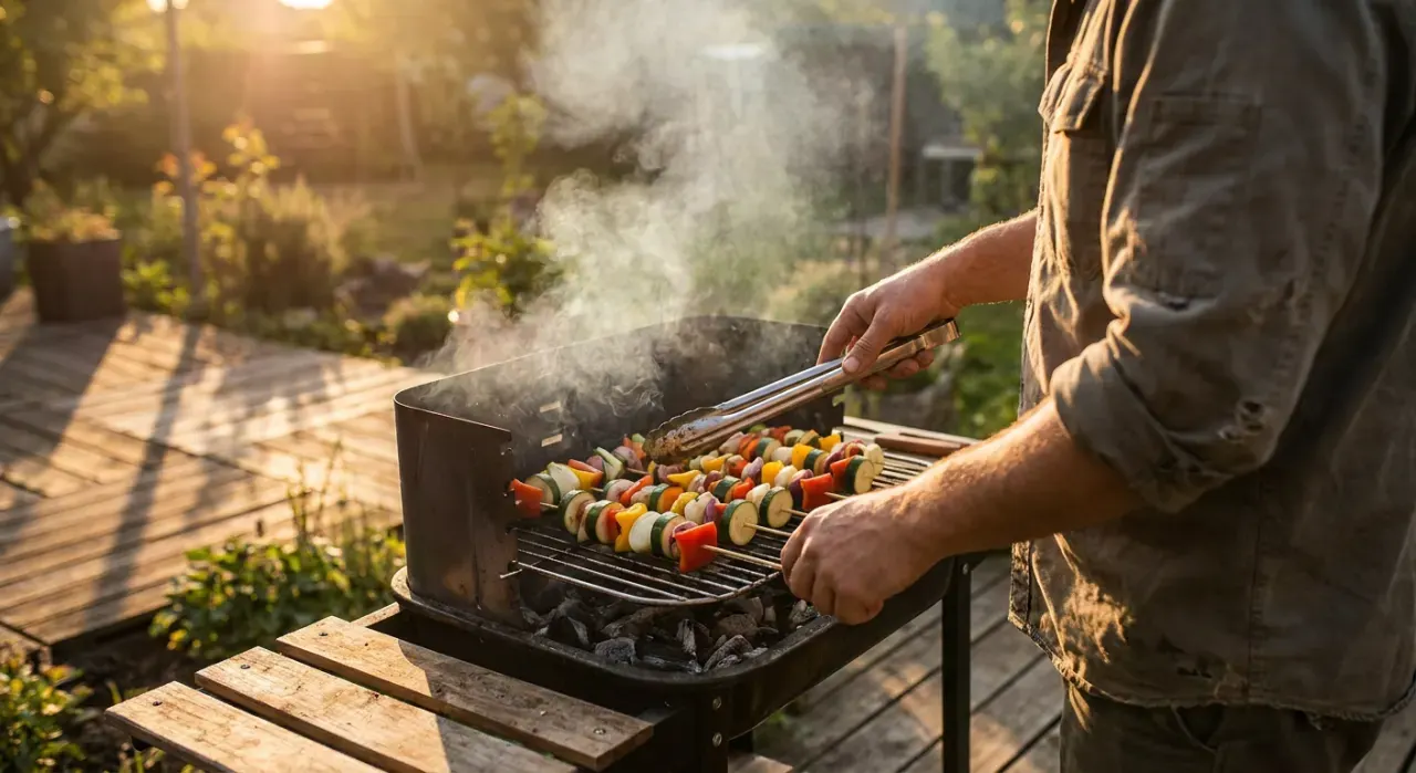 Golden-hour view of a person grilling vegetables