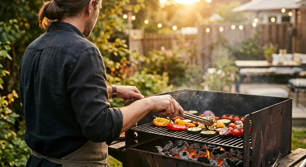 Three-quarter view of a person grilling vegetables, in soft early-morning light