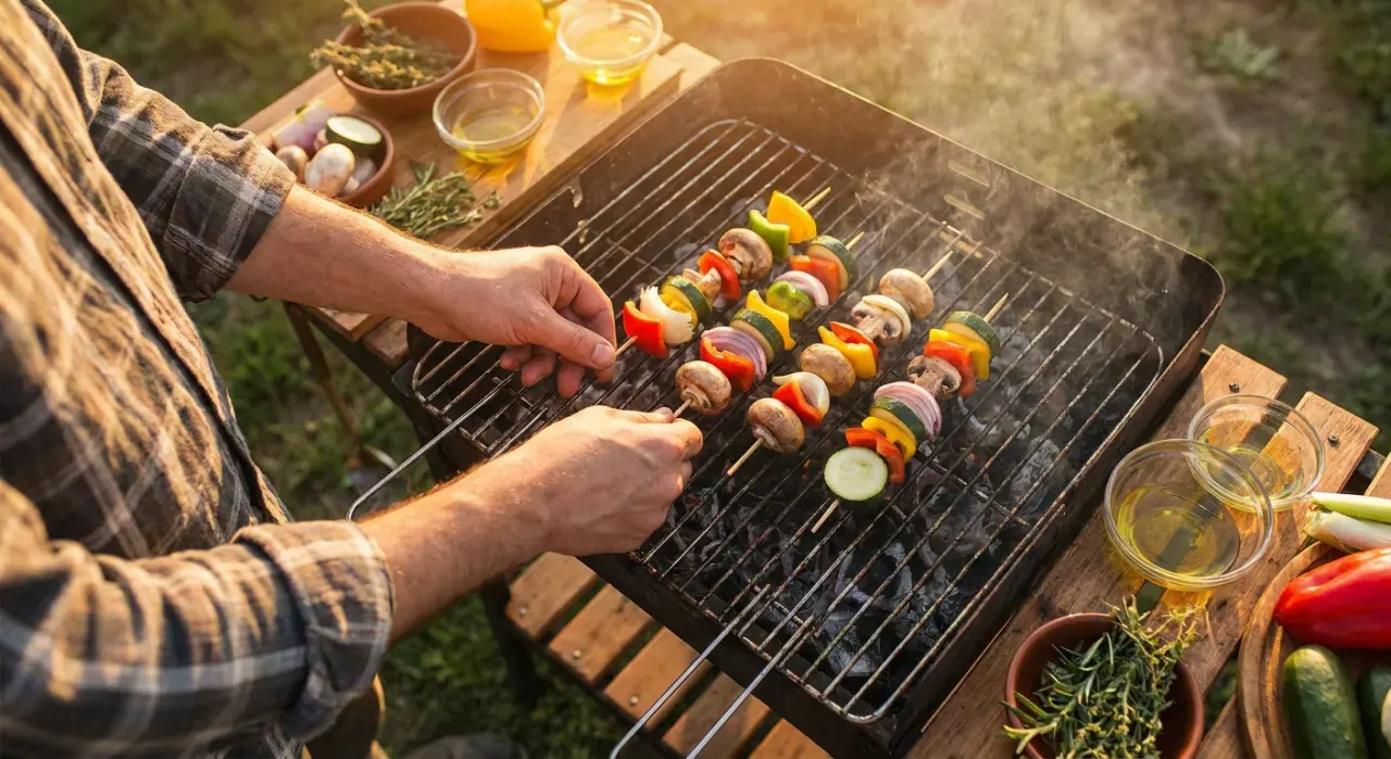 Overhead view of a person grilling vegetables, in warm late-afternoon light