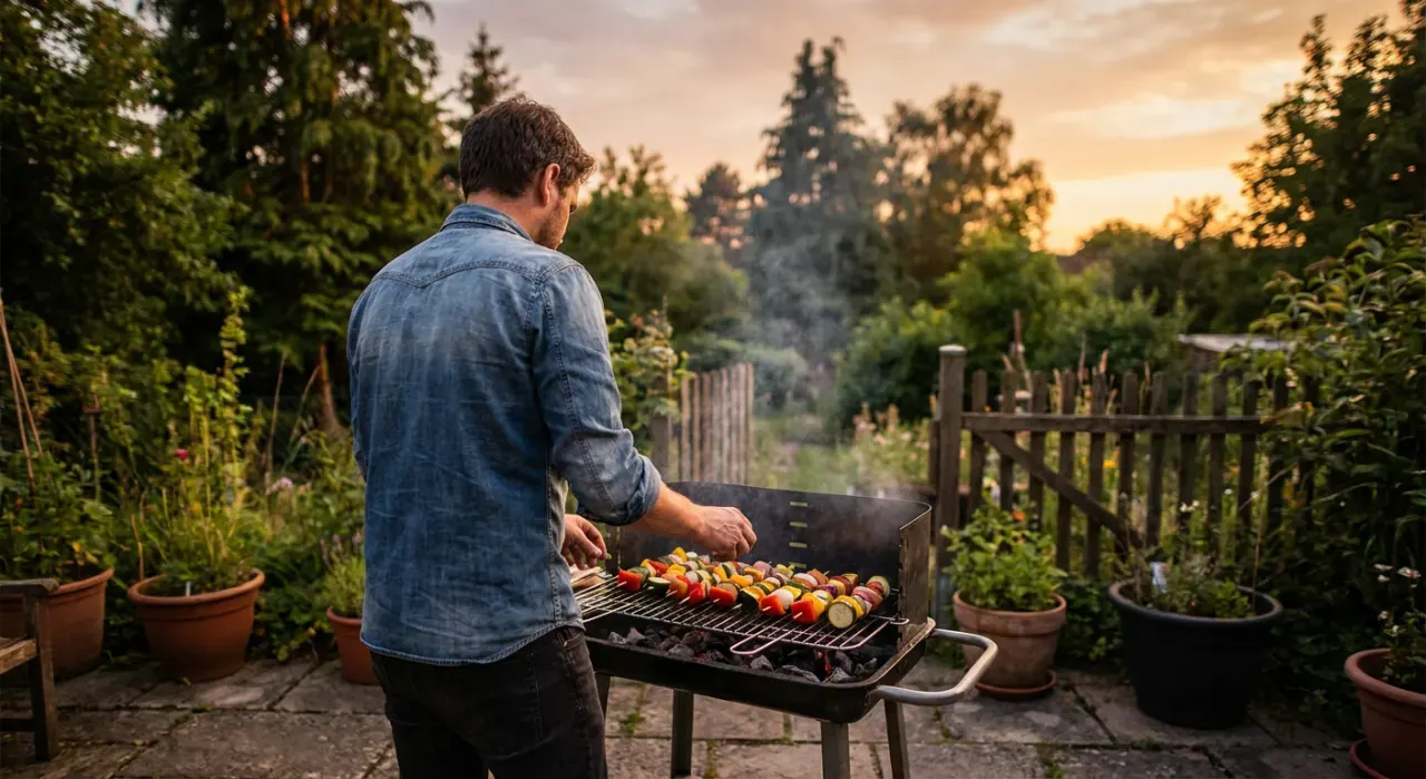 Wide environmental view of a person grilling vegetables, in warm late-afternoon light