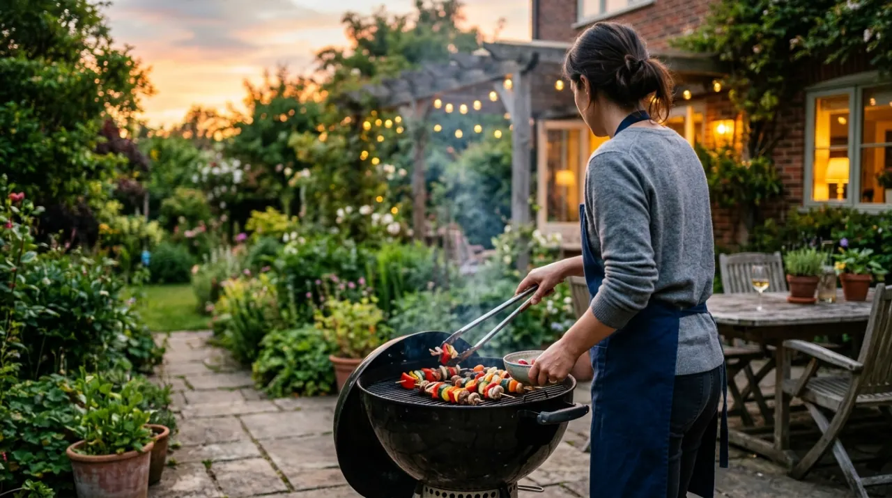 Wide view of a person grilling vegetables, in warm evening lamplight