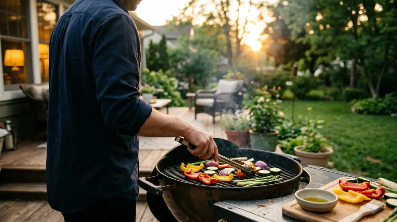 Over-the-shoulder view of a person grilling vegetables, in warm evening lamplight