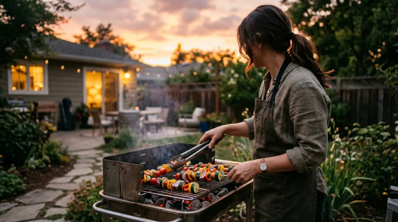 Three-quarter view of a person grilling vegetables, in warm evening lamplight