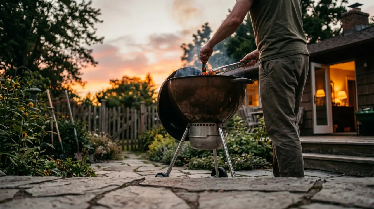 Low-angle view of a person grilling vegetables, in warm evening lamplight