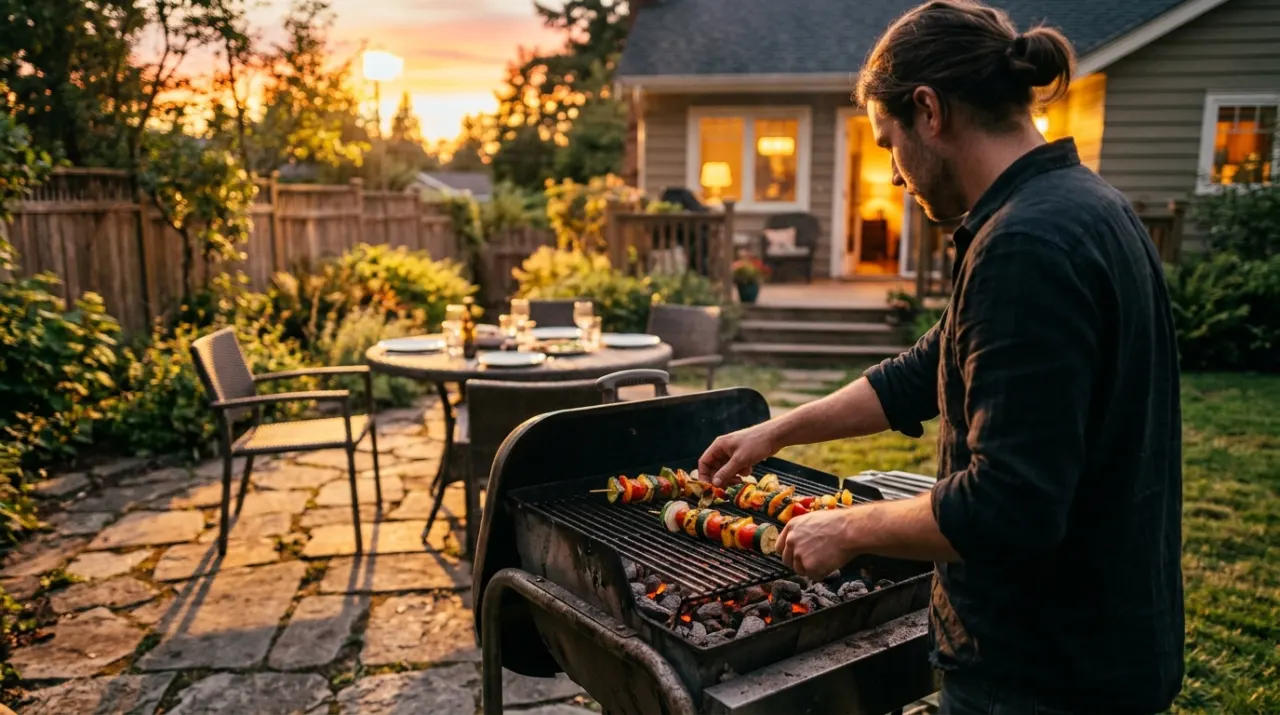 Golden-hour view of a person grilling vegetables