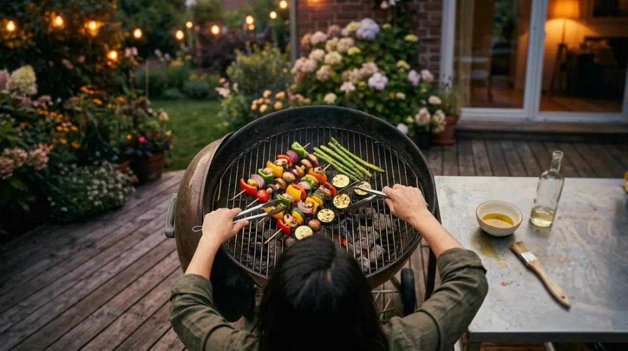 Overhead view of a person grilling vegetables, in warm evening lamplight