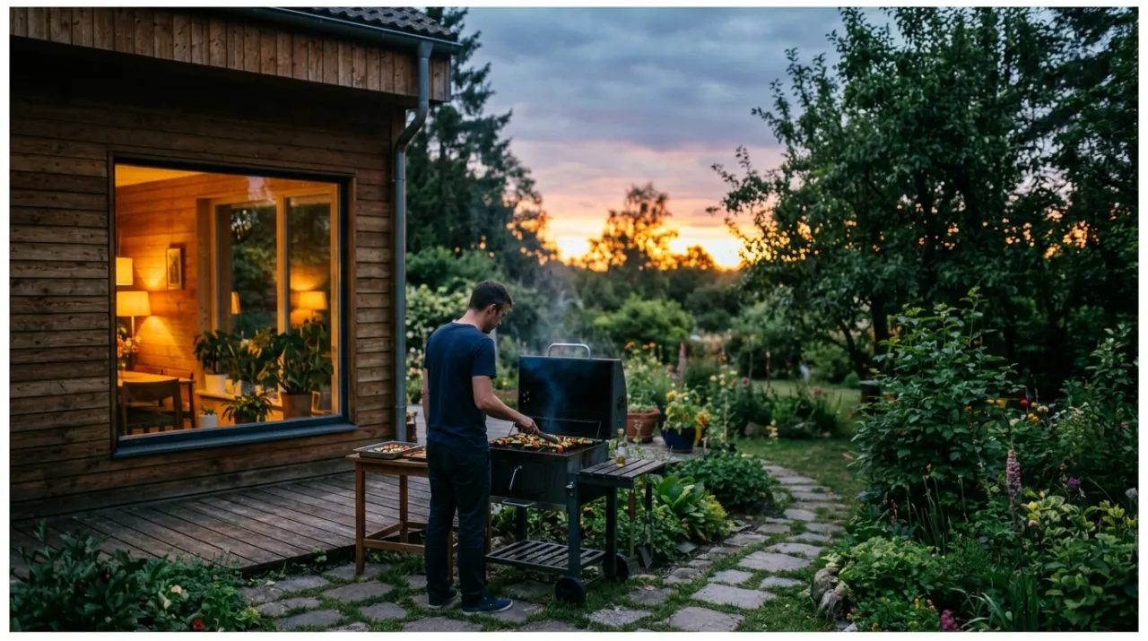 Wide environmental view of a person grilling vegetables, in warm evening lamplight