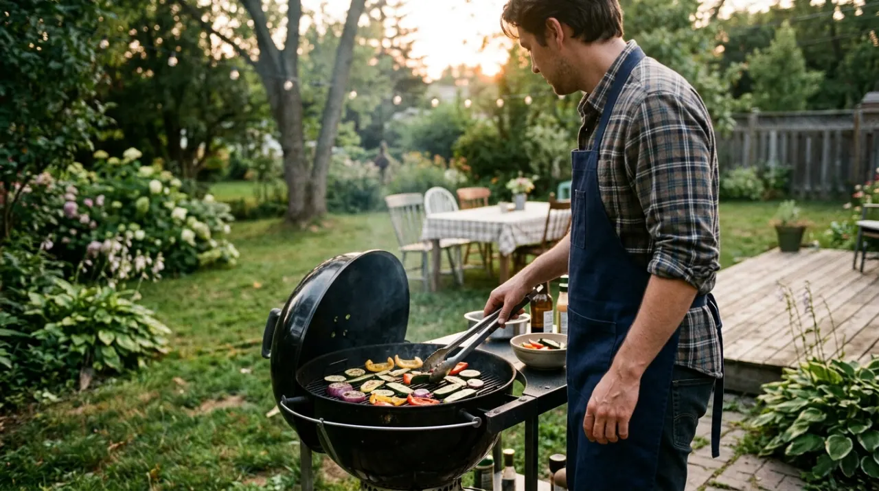 Wide view of a person grilling vegetables, in soft early-morning light