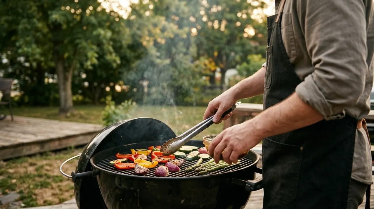 Over-the-shoulder view of a person grilling vegetables, in soft early-morning light
