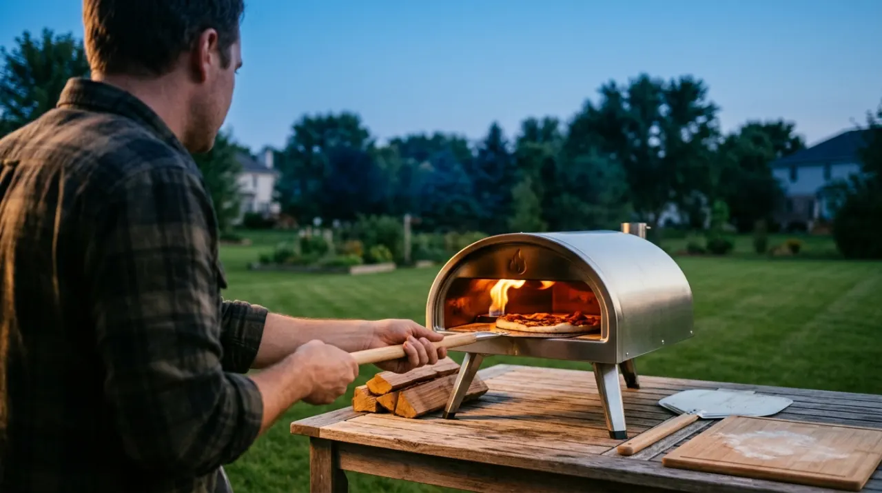 Three-quarter view of a person grilling vegetables, in soft early-morning light