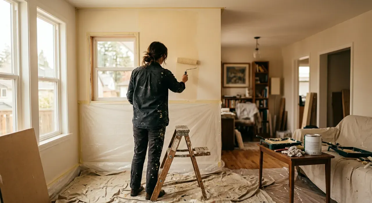 Wide view of a person rolling fresh paint onto an interior wall, in soft early-morning light