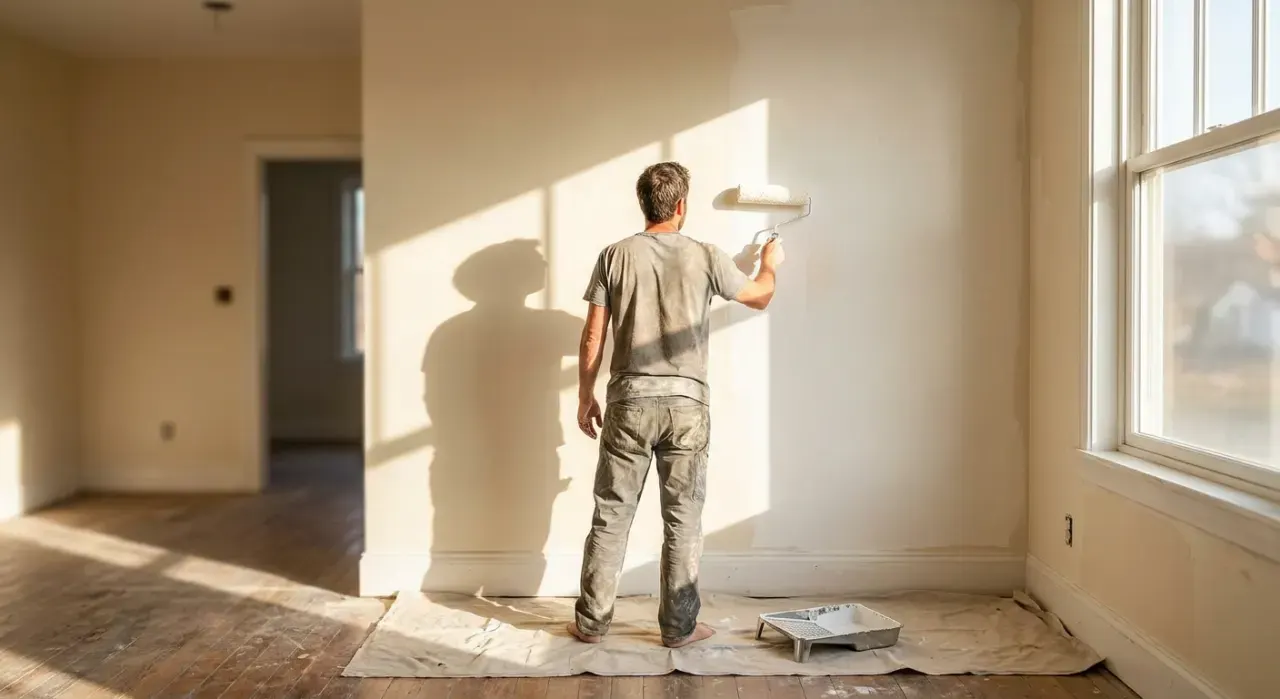 Wide environmental view of a person rolling fresh paint onto an interior wall, in bright midday sun