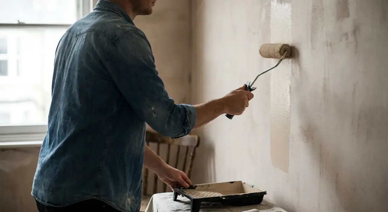 Over-the-shoulder view of a person rolling fresh paint onto an interior wall, in soft overcast light