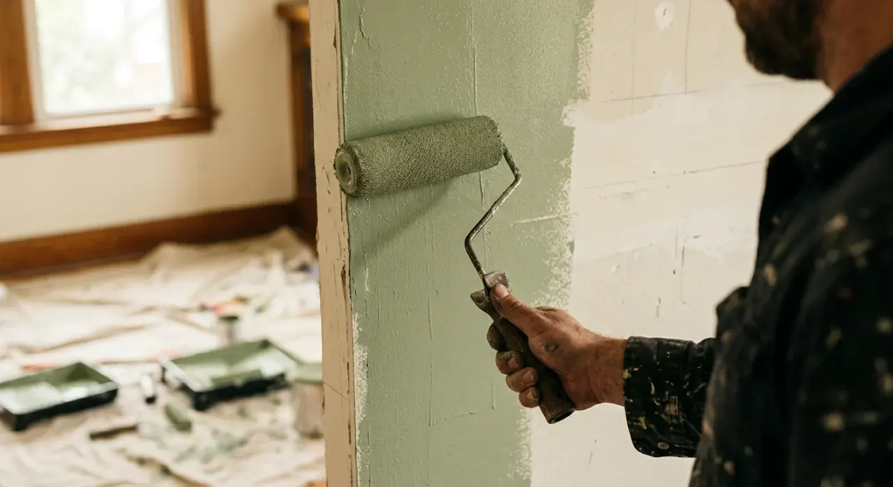 Over-the-shoulder view of a person rolling fresh paint onto an interior wall, in soft early-morning light