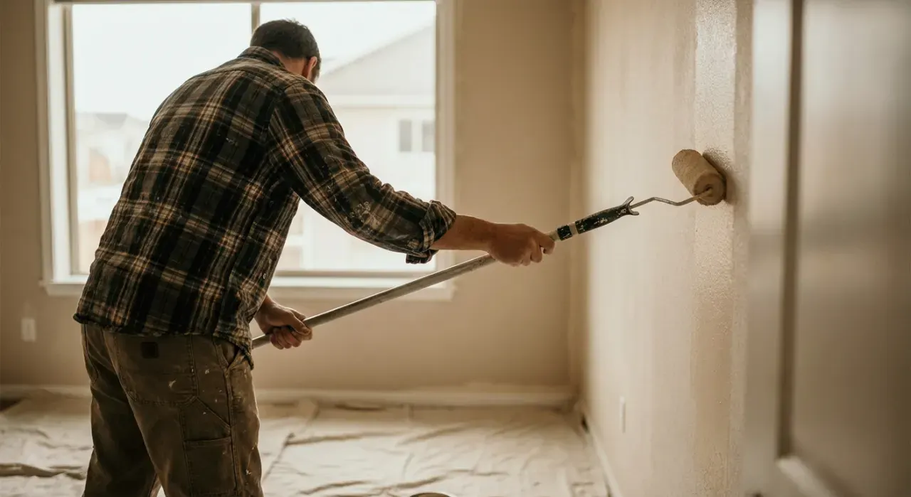 Low-angle view of a person rolling fresh paint onto an interior wall, in soft overcast light